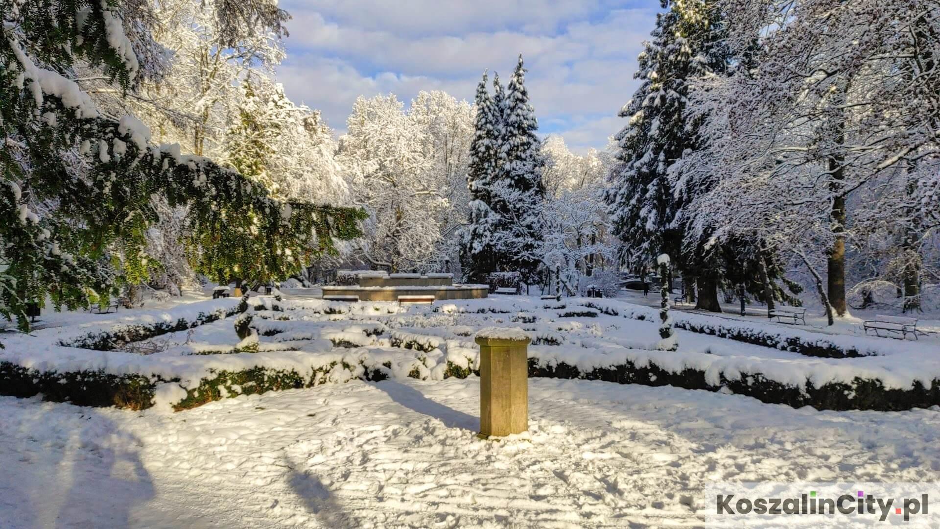 Ogród różany, zegar słoneczny i fontanna w parku w Koszalinie