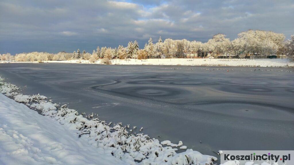 Zamarznięta tafla jeziora w Koszalinie