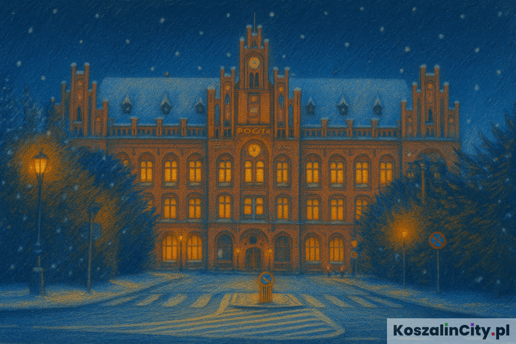 Budynek poczty w Koszalinie w zimowej scenerii